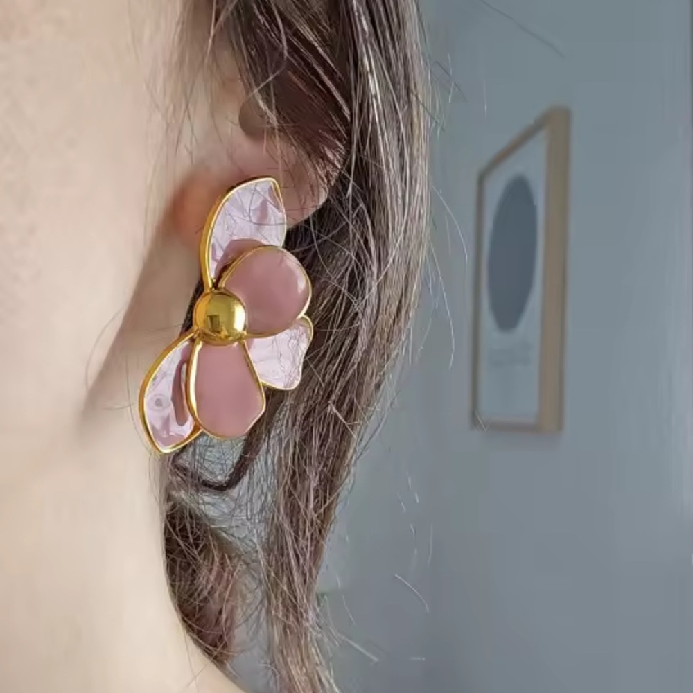 Romantic Petal Cream Flower Stud Earrings – Gold Trim Statement Earrings - Picture 6 of 11